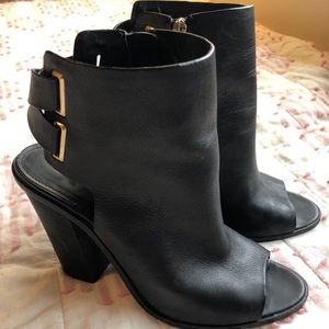 BCBG Black leather open toe bootie